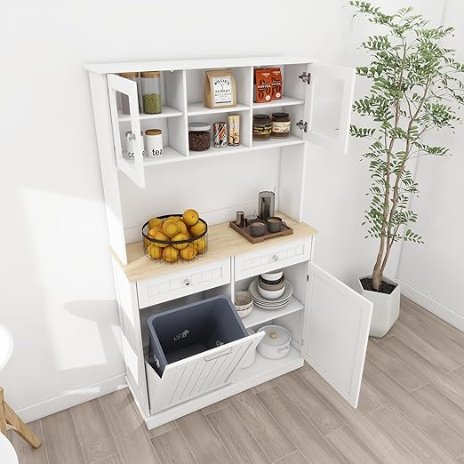 RASOO Trash Can Cabinet 67.7" Tall Kitchen Pantry Storage Sideboard Freestanding Tilt Out Trash Can 10 Gallon Glass Doors with 2 Drawers Microwave Coffe Bar