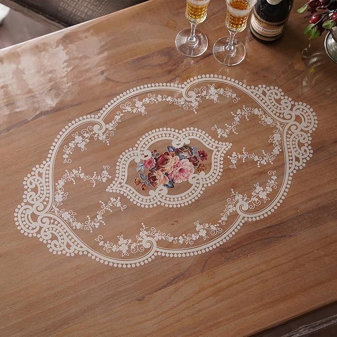 Clear Table Cover Protector Plastic Vinyl Table Cloth with White Lace Pattern Oil Spill Proof Plastic Tablecloths for Dining Tables Parties Holidays (French Lace, 60 x 84 Inches)