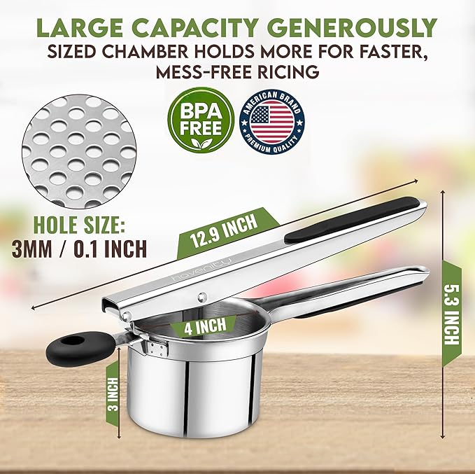 Large 15oz Potato Ricer Fixed Disc - Heavy Duty Stainless Steel Potato Masher and Ricer for Mashed Potatoes | Non Slip Baby Food Squeezer, Kitchen Gadget Tool for Food Press & Food Mill