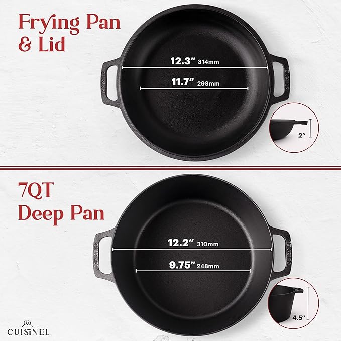 Cuisinel 7-Quart Cast Iron Dutch Oven + Pan Scraper + Silicone Handle Grips - 2-in-1 Pot+Pan Combo Skillet - Pre-Seasoned Indoor/Outdoor Cookware + Instruction & Care Booklet