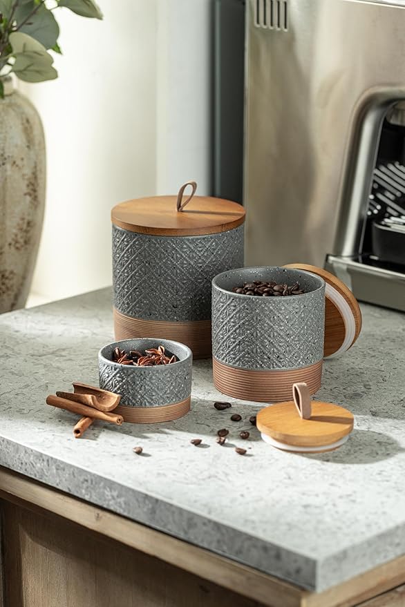 Miamolo Small Ceramic Jar with Lid, Coffee Container Kitchen Food Storage Jars for Sugar Tea Bag, Stackable Decorative Spice Jars for Countertop Coffee Bar Accessories- Gray & 5 fl.oz