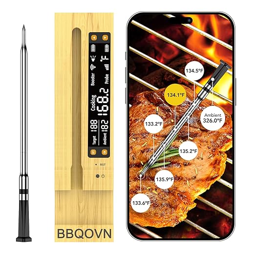 WiFi Sub-1G Wireless Meat Thermometer Unlimited Range 7 NIST Certified Sensors with Ambient Temp 2 Temp Monitoring Ways Digital Smart Base and App for BBQ, Smoker, Grill, Oven (1, black, small)