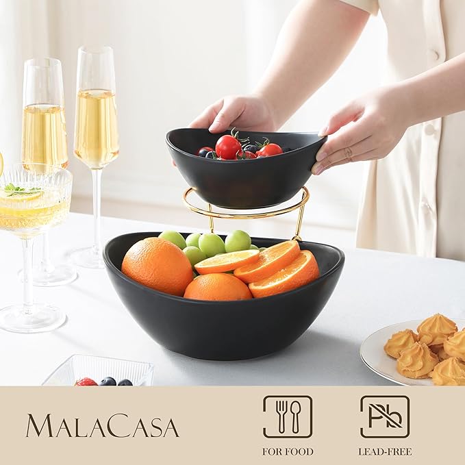 MALACASA 2 Tier Chip and Dip Serving Set with Metal Stand,Ceramic Appetizer Bowls for Party, Multi-Use Food Display for Fruits, Snacks,Black Elegant Tiered Serving Dishes for Party