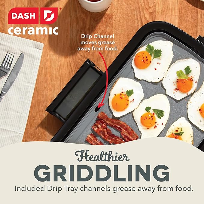 Dash Everyday Ceramic Electric Griddle - Includes Adjustable Temperature, Large Cooking Surface, and Removable Drip Tray For Pancakes, Burgers, and Breakfast - Cream