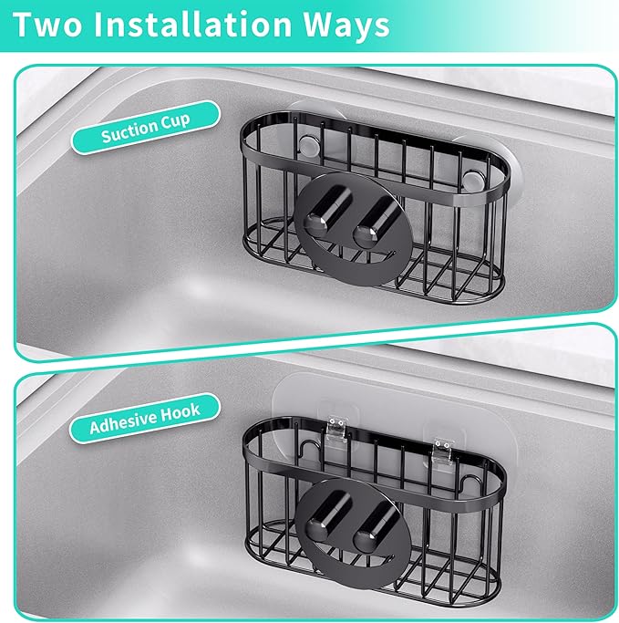 HapiRm Sink Caddy Sponge Holder - 2 Installation Ways Kitchen Sink Organizer with Smiley Face Sponge Holder, Stainless Steel Kitchen Caddy - Black