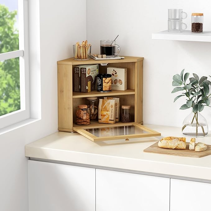 Goozii Bamboo Corner Bread Box for Kitchen Counter, 2 Tier Bread Keeper Wooden Round, Farmhouse Bread Storage Bin for Kitchen Countertop, Counter Organizer for Bread, Cup, Fruit, Spice, Snack