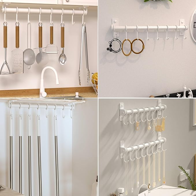 Dseap Kitchen Utensil Holder Hanger, Pot and Pan Rack Wall Mount, Kitchen Rail with 8 Hooks for Hanging Cooking Utensils, Mugs, Spoons, Wall Mounted, Stainless Steel, White