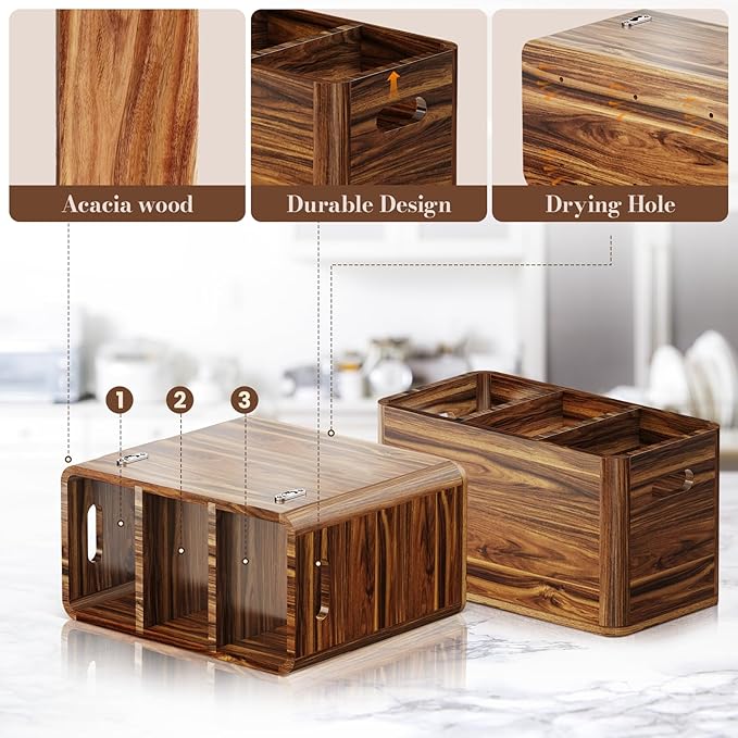 Yirilan Wooden Kitchen Utensil Holder for Counter, Acacia Wood Utensil Holder for Storage Cooking and Silverware with 3 Compartment, Rustic Wooden Organizer Container