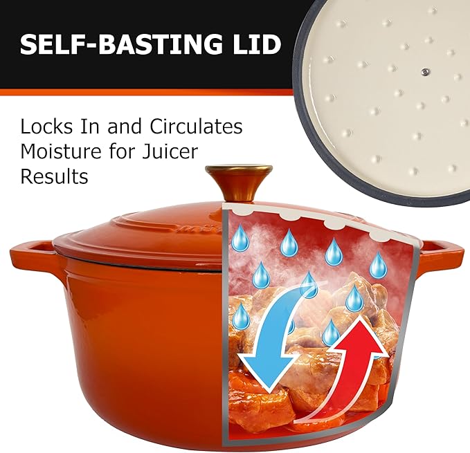 MUELLER HOME 6 Quart Enameled Cast Iron Dutch Oven for Bread Baking, Heavy-Duty Oven-Safe up to 500° F, & Across All Cooktops, House Warming Gifts New Home, Cast Iron Cookware, Gifts for Women, Orange