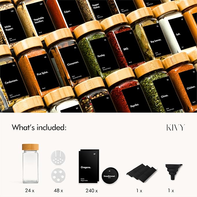KIVY Drawer Spice Organizer + 24 Jars & 240 Labels - Seasoning Rack for Organization - Kitchen Drawer Insert for Spice Jars - Glass Seasoning Jars with Airtight Lids - Glass Spice Jars with Label