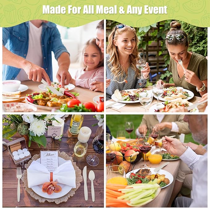 Fuyit 150 Count Compostable Cutlery Set, Disposable Biodegradable Utensils Eco-friendly Durable Cornstarch Flatware Includes 50 Forks, Knives & Spoons for Party, BBQ, Picnic & Potlucks (White)