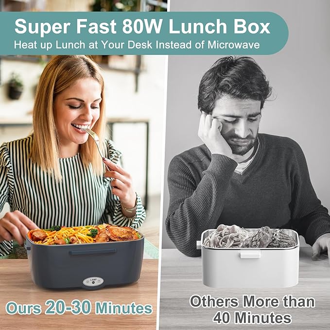 Herrfilk Electric Lunch Box Food Heater, 3 in 1 Ultra Quick Heated Lunch Boxes for Adults, 12V/24V/110V Portable Food Warmer for Car/Truck/Office With Fork Spoon and Insulated Carry Bag