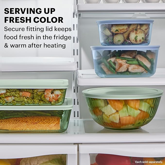 Pyrex Colors Tinted (3-Pack, Full Set) Sculpted Tinted Glass Mixing Bowls With Plastic Lids, Nesting Space Saving Set of Bowls For Prepping and Baking, 1.3QT, 2.3QT & 4.5QT