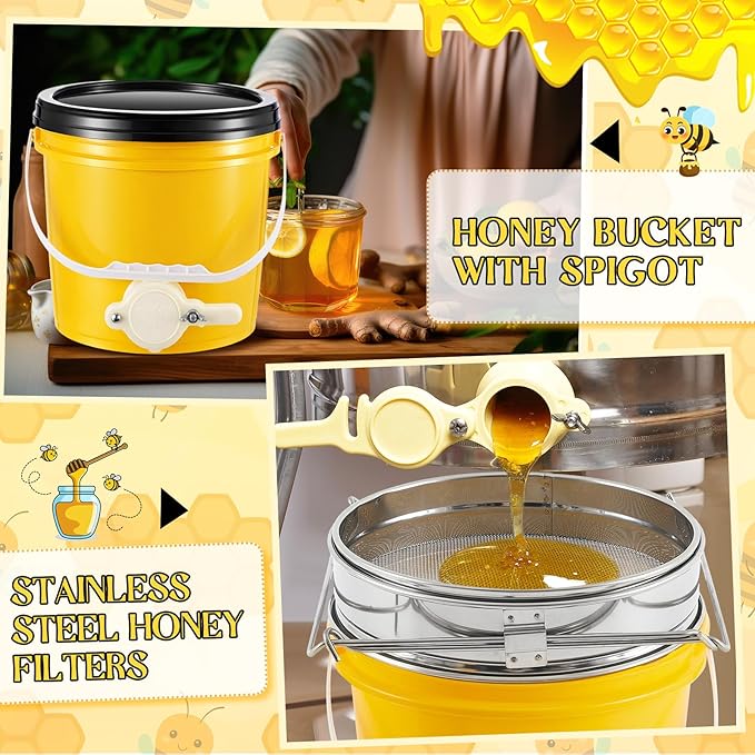 Threehoney 3 Pcs 2 Gallon Honey Bucket with Gate Honey Extractor Equipment Food Grade Bucket Food Safe Buckets with Lid for Beekeeping Supplies Extracting Storage(Yellow,Round Style)