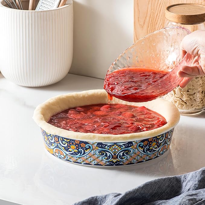 HENXFEN LEAD Ceramic Pie Dish, 10 Inch Round Pie Pan, Oven Safe Pie Plate for Apple Pie, Quiche & Tart, Boho Style Baking Dish