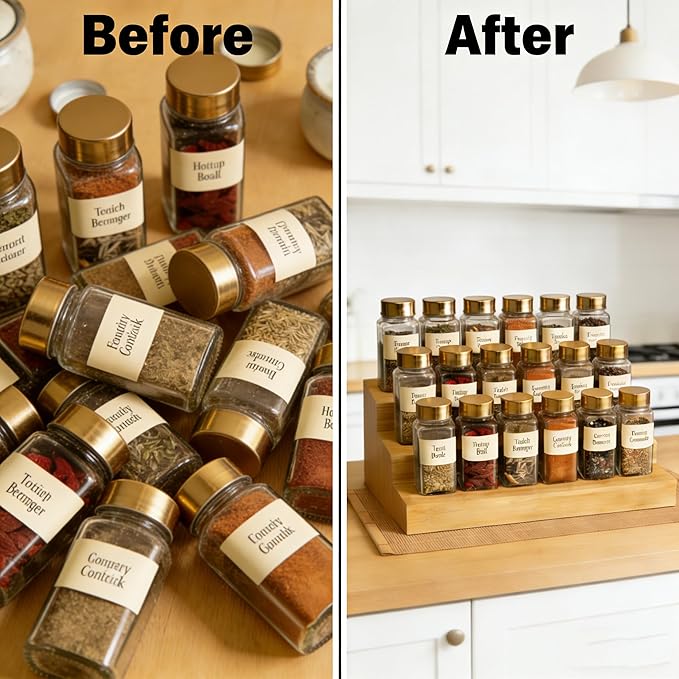 Spice Rack Organizer for Cabinet, Bamboo Spice Shelf 3 Tier Step for Cabinet & Countertop, Kitchen Pantry Storage for Seasonings, 2 Pack