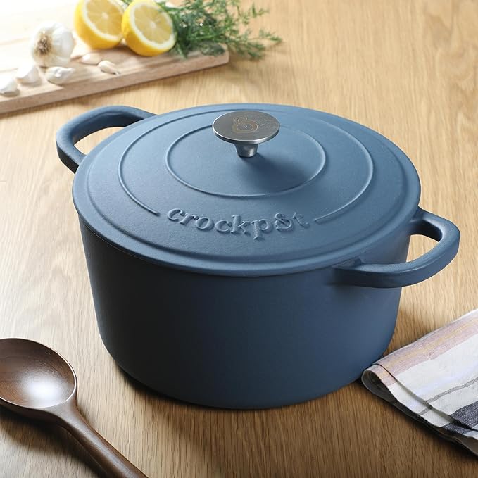 Crock-Pot Artisan 5-Quart Round European Enameled Cast Iron Dutch Oven with Lid – Matte Navy Blue, Durable Oven Safe Cookware