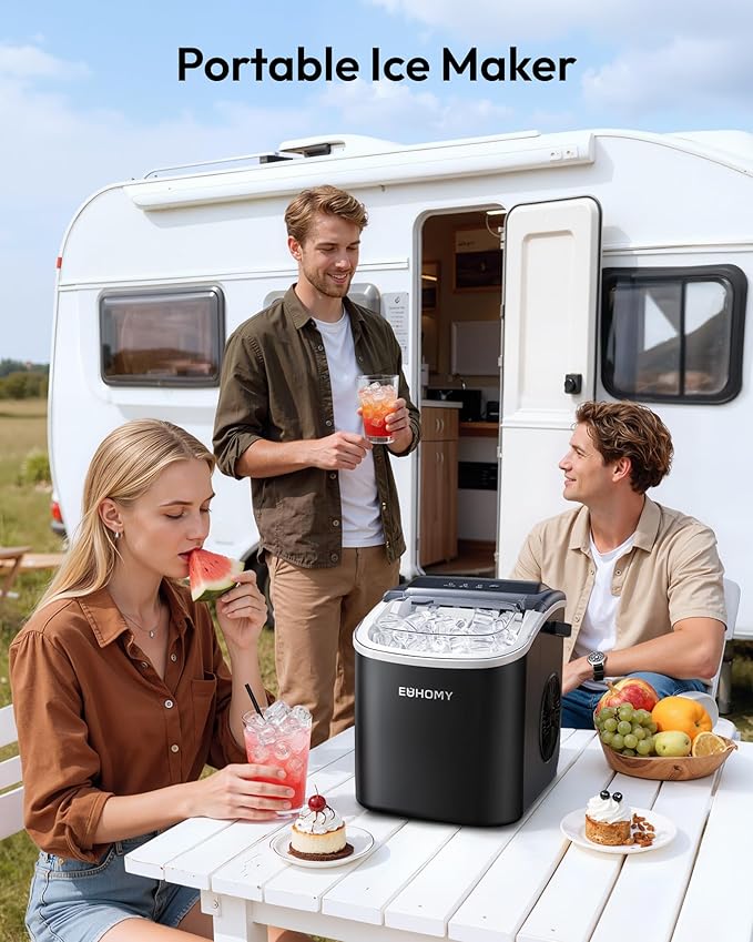EUHOMY Countertop Ice Maker Machine with Handle, 26lbs in 24Hrs, 9 Ice Cubes Ready in 6 Mins, Auto-Cleaning Portable Ice Maker with Basket and Scoop, for Home/Kitchen/Camping/RV. (Black)