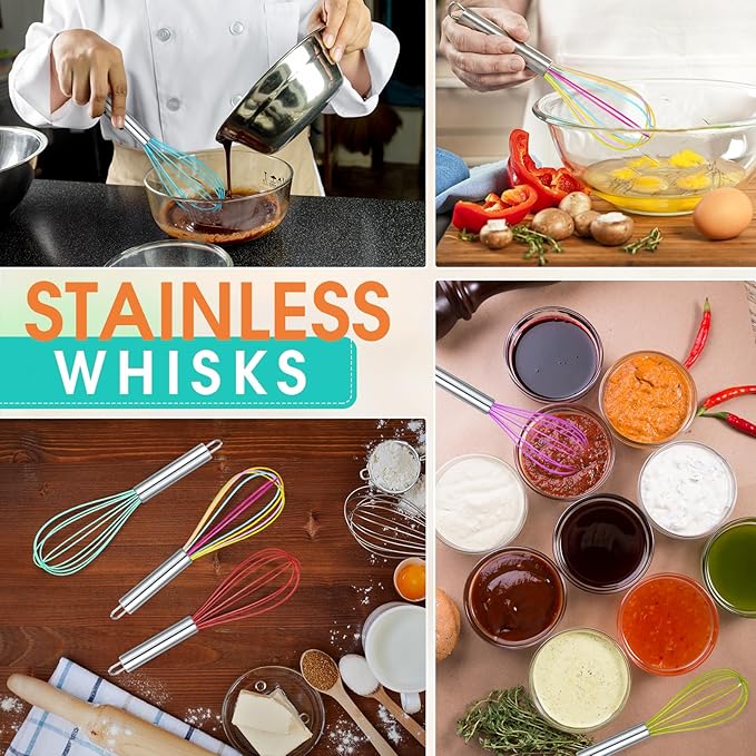 Domensi 24 Pcs 8 Inch Whisks Bulk for Cooking Silicone Whisks Non Scratch Stainless Steel Wisks Coated Metal Heat Resistant Egg Beaters for Mothers Day Party Favor Gift Supplies