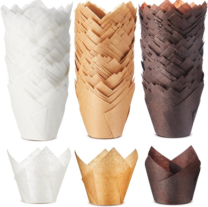 Motiskyy 300 Pcs Jumbo Muffin Liners for Baking 2-1/4" x 4" Large Tulip Cupcake Liners Greaseproof Cupcake Wrapper Paper for Weddings Birthday Christmas Anniversaries Party (Light Brown,White,Brown)