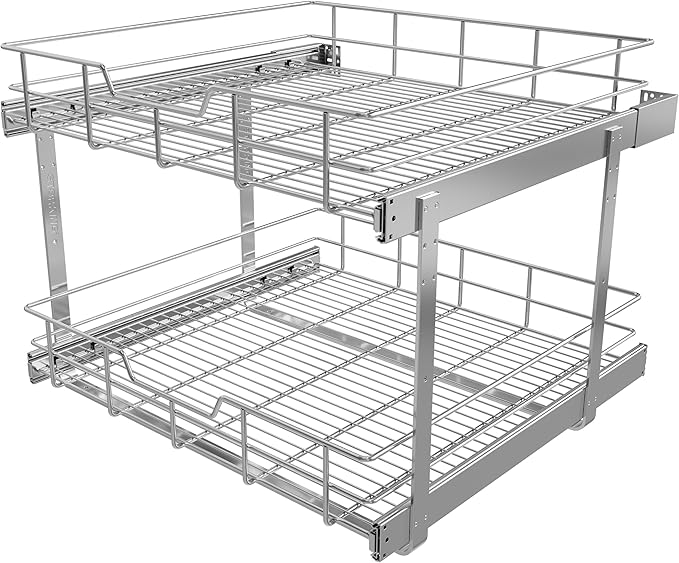 2 Tier Pull Out Cabinet Organizer 24" W X 22" D, Slide Out Drawers For Kitchen Cabinets, Pull Out Drawers For Cabinets Capacity Heavy Duty Caddy, Cabinet Pullout Shelves Chrome-Plated, Bathroom Pantry