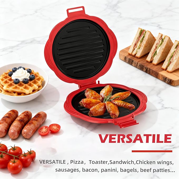 9.8" Microwave Sandwiches Maker,Double Side Grill Pan with Heat-Resistant Handles, Non-Stick Crisper Tray,Dishwasher Safe,School Dorm/Home/Office