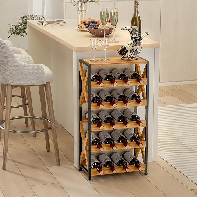 20 Bottle Wine Rack Freestanding Floor with Wood Top,Wobble-Free 5 Tier Wine Display Storage Stand Shelf,Stackable Modular Wine Bottle Holder Rack for Kitchen,Cellar,Living Room