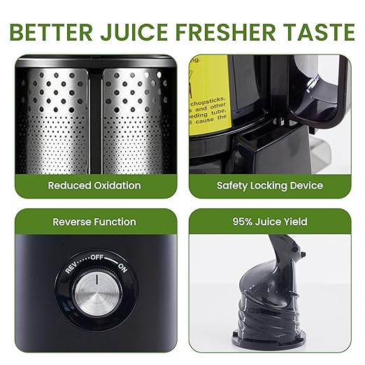 Simple Deluxe Cold Press Juicer, Slow Masticating Juicer Machines with Wide Feed Chute, Fits Whole Fruits and Vegetables, High Juice Yield, BPA Free, Easy to Clean, Black