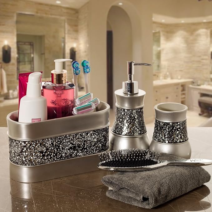 Creative Scents Crackled Glass Bathroom Tumbler Cup - Decorative Silver Crackled Glass Rinse Mug for Water, Best Tumblers for Mouthwash/Rinsing