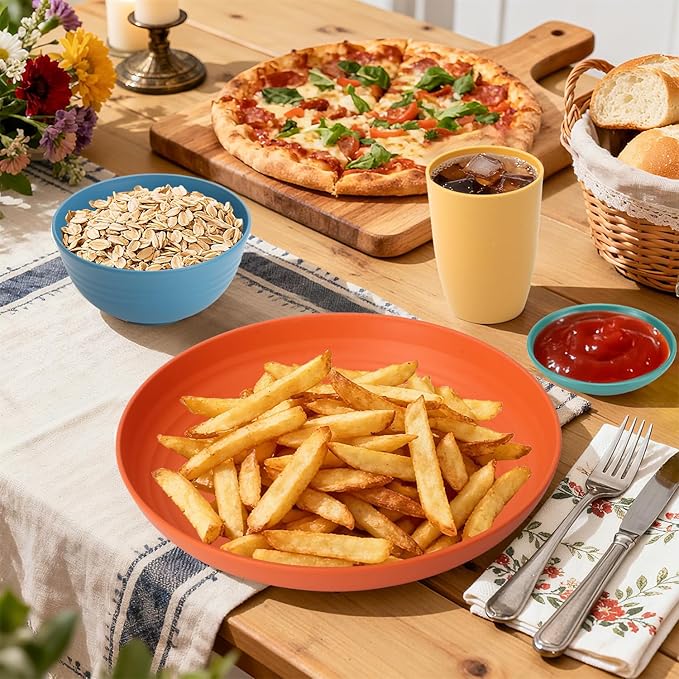 Wheat Straw Dinnerware Sets, Unbreakable Plates and Bowls Sets of 16, Kids Dinnerware Set Sevice for 4, Dishwasher & Microwave Safe Dish Set for Kitchen, Outdoor, Camping - Multi