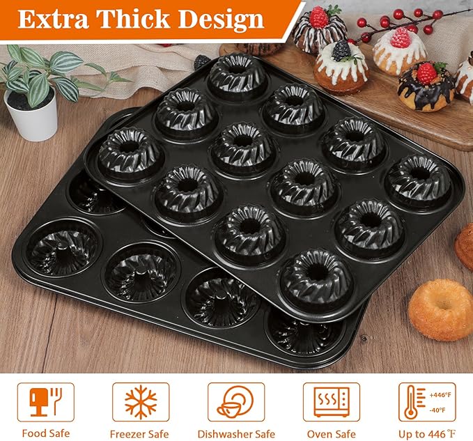 Webake 2 Pack Mini Fluted Tube Cake Pan, Non-Stick 2.8 Inch Cake Pans, Heavy Gauge Carbon Steel 12-Cavity