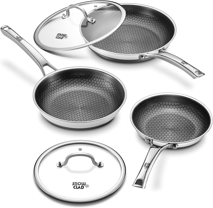 Non Stick Frying Pans with 2 Lids, 8+10+12 inch, Hybrid Frying Pans Set Nonstick,Skillets Stainless Steel Upgrade, Dishwasher & Oven-Safe, Induction Compatible Cooking Pan, PFOA Free Cookware
