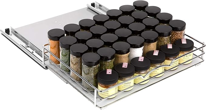 Pull-Out Cabinet Spice Rack Organizer - Slim Slide-Out Storage for Spices, Bottles & Jars, Premium Heavy-Duty Steel, Easy Install for Narrow Kitchen Cabinets - 14 ⅜ W x 10 ⅜ D x 2 ¾ H, Chrome