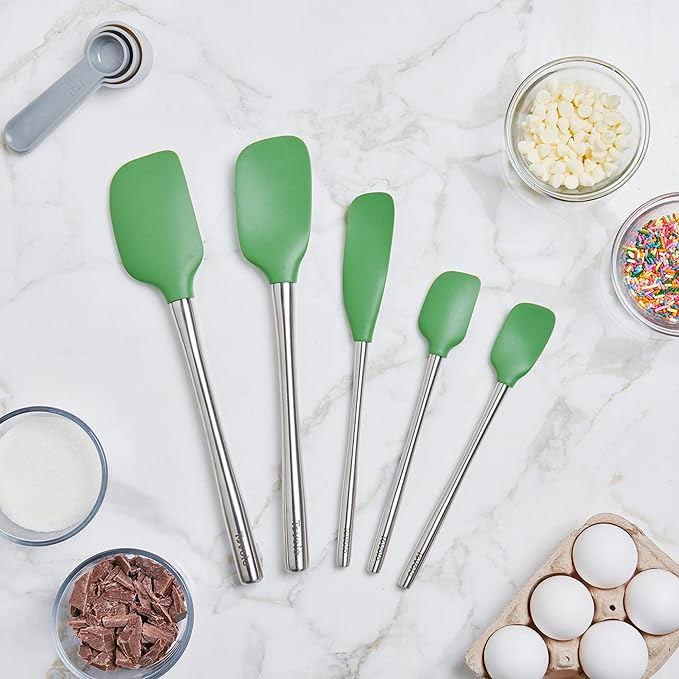 Tovolo Stainless Steel Handled Silicone Spatula Set of 5 Pesto Green, Dishwasher Safe Kitchen Spatula Set for Cooking Baking, Non Toxic BPA Free Silicone Spatula set with Metal Steel Handle