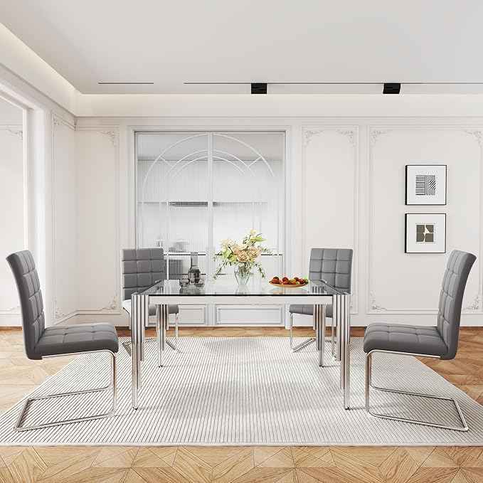 AF ARTISAN FURNITURE 53'' Glass Dining Table Set for 4, Kitchen Table Chairs Set of 4, Clear Silver Glass Dining Tables with Stainless Steel Legs, 4 Grey PU Dining Chairs, Living Room, Kitchen