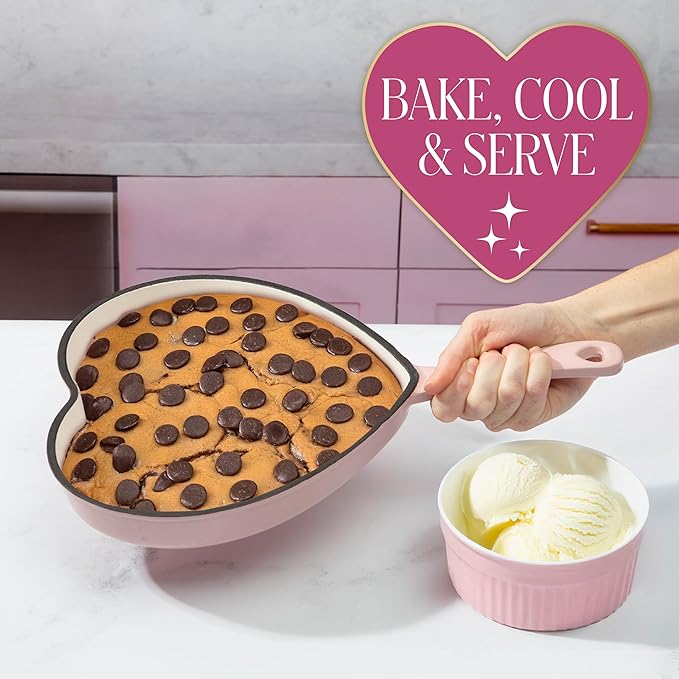 Paris Hilton Enameled Cast Iron Heart Skillet Pan, Superior Heat Retention, Oven Safe, Long-Lasting Enamel, 10-Inch, Pink