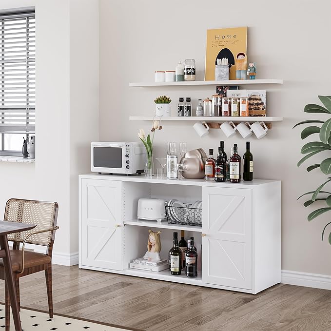 Metal TV Stand for 65 Inch TV, Farmhouse TV Entertainment Center with Storage Cabinets and Adjustable Shelves, Modern Media TV Console Table, TV Cabinet for Living Room, Bedroom, White