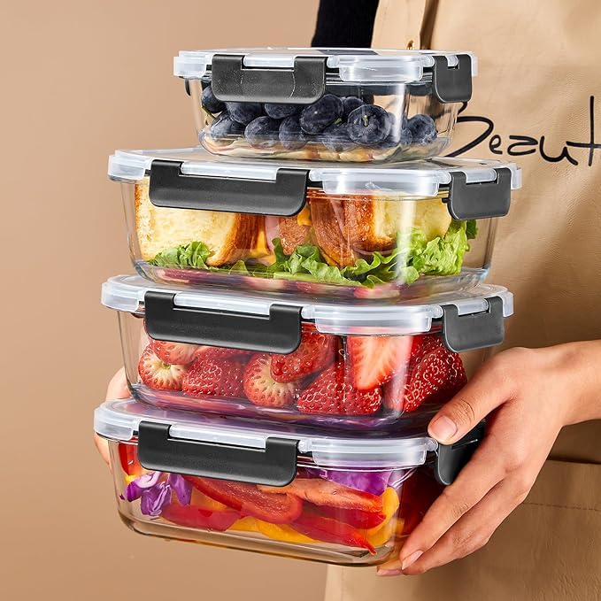 Liuruiyu 10 Pack Glass Food Storage Containers with Lids, Meal Prep Containers, Airtight Bento Boxes with Leak Proof Locking for Microwave, Oven, Freezer and Dishwasher, BPA Free