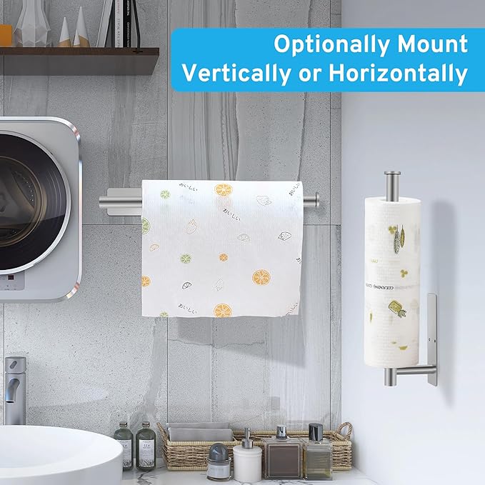 2nd Gen Paper Towel Holder Under Cabinet No Drilling, [More Sturdy] Self Adhesive or Drilling Paper Towel Holder Wall Mount for Kitchen, RV, [Fit Mega Paper Towel Roll] SUS304 Stainless Steel
