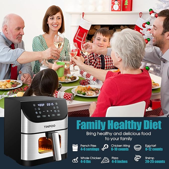 Air Fryer TINPOO 6.2 QT Oilless Large Capacity 1500W Oven Air Fryers Healthy Cooker with 10 Preset, Visual Cooking Window, Non-Stick Basket