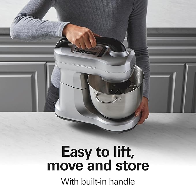 Hamilton Beach Electric Stand Mixer, 4 Quarts, Dough Hook, Flat Beater Attachments, Splash Guard, 7 Speeds with Whisk, Easy-Carry Top Handle, Silver