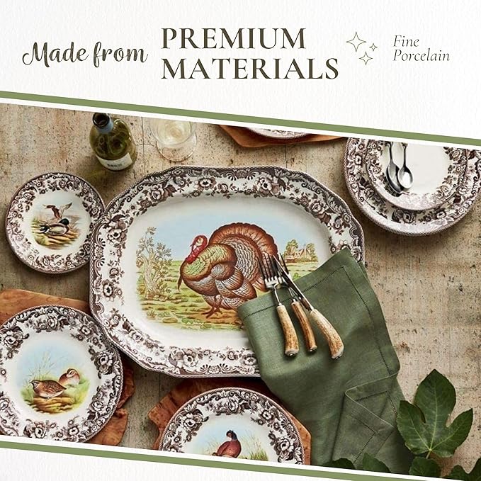 Spode Woodland 5-Piece Thanksgiving Dinnerware Set - Porcelain Plates & Teacup and Saucer, Fall Dinnerware Collection - Microwave & Dishwasher Safe - Elegant Autumn Tableware