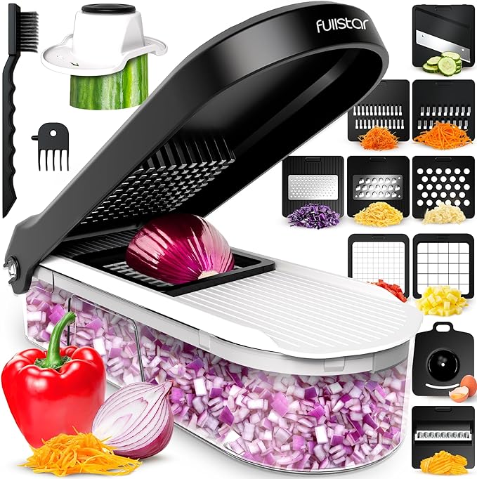 Fullstar Mandoline Slicer for Kitchen - Vegetable Chopper, Onion Potato Food Veggie Fruit Slicer and Cutter with Container, Kitchen Gadgets & Gifts, Home Essentials (10-in-1, White/Black)