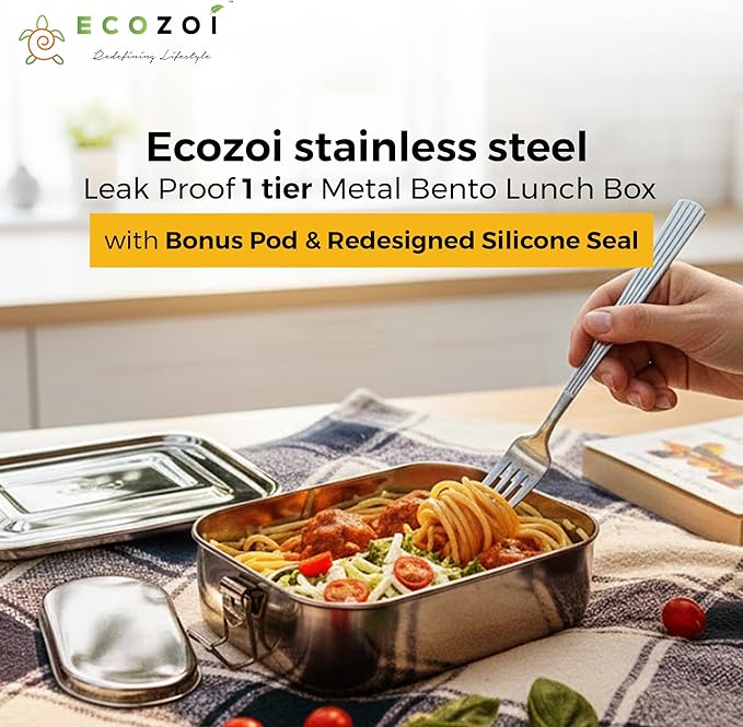 ecozoi Stainless Steel Lunch Box, Leak Proof 1 Tier Eco Metal Bento Box | Bonus Pod And Redesigned Silicone Seal | Sustainable Zero Waste Eco Friendly Food Storage Container