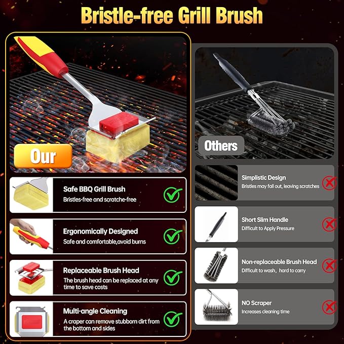 Grill Brush Bristle Free for Outdoor Grill, Steam Grill Cleaning Brush Replaceable BBQ Cleaner Brush Head,Extended Handle, Safe Grill Brush with Scraper for Cast Iron Stainless-Steel Grates,Red