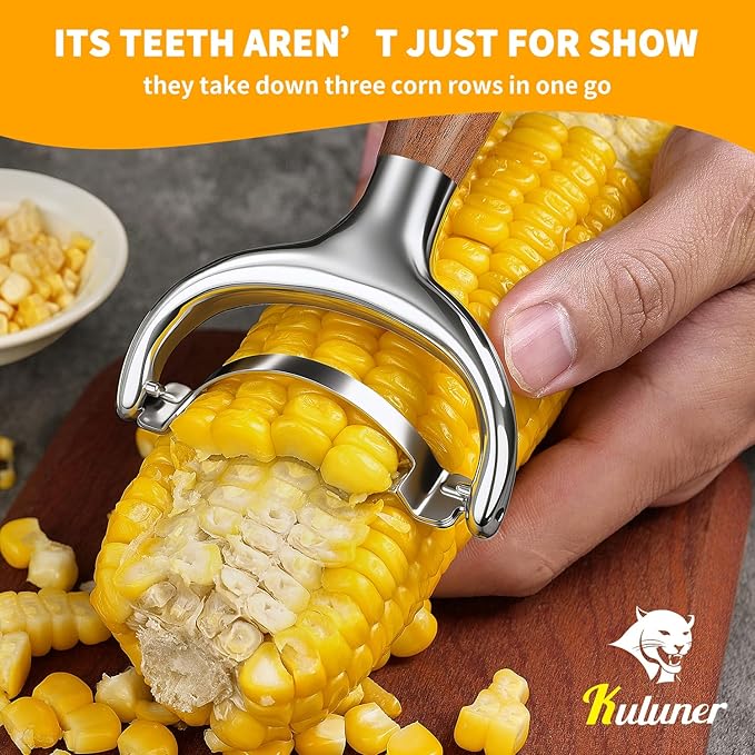 KULUNER Durable Stainless Steel Corn Peeler with Polished Wood Handle Corn on the Cob Stripper Kernel Remover Easy Use Corn Kernel Cutter Kitchen Gadget（Burma Teak）
