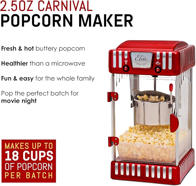 Elite Gourmet EPM-250X Maxi-Matic 2.5 Ounce Classic Carnival, Tabletop Kettle Popcorn Popper Machine, Retro-Style, Movie Hot Buttered Popcorn, Red