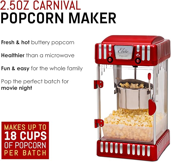 Elite Gourmet EPM-250 Maxi-Matic 2.5 Ounce Classic Carnival, Tabletop Kettle Popcorn Popper Machine, Retro-Style, Movie Hot Buttered Popcorn, Red