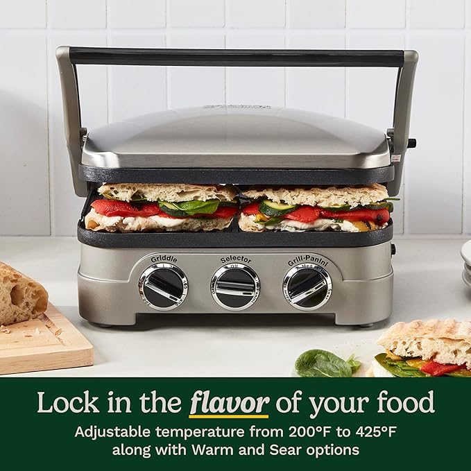 Cuisinart Griddler Indoor Grill, Panini Press, Sandwich Maker & More, 5-in-1 Grilling, Dishwasher-Safe Nonstick Cooking Plates, GR-4NNAS, Stainless Steel