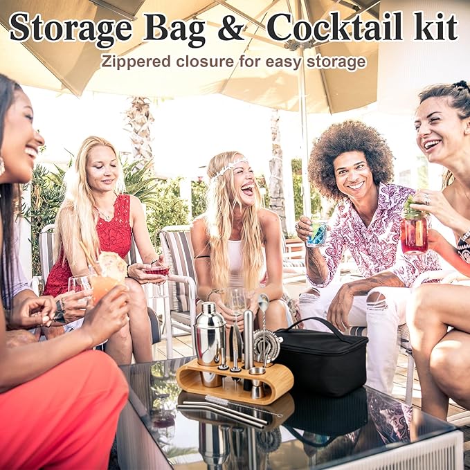 16 Pcs Bartender Kit Bag with Stand Portable Cocktail Shaker Set, 25oz Stainless Steel Barware Kit with Jigger, Strainer, Spoon, Ice Tongs, Gift for Cocktail Lover Travel